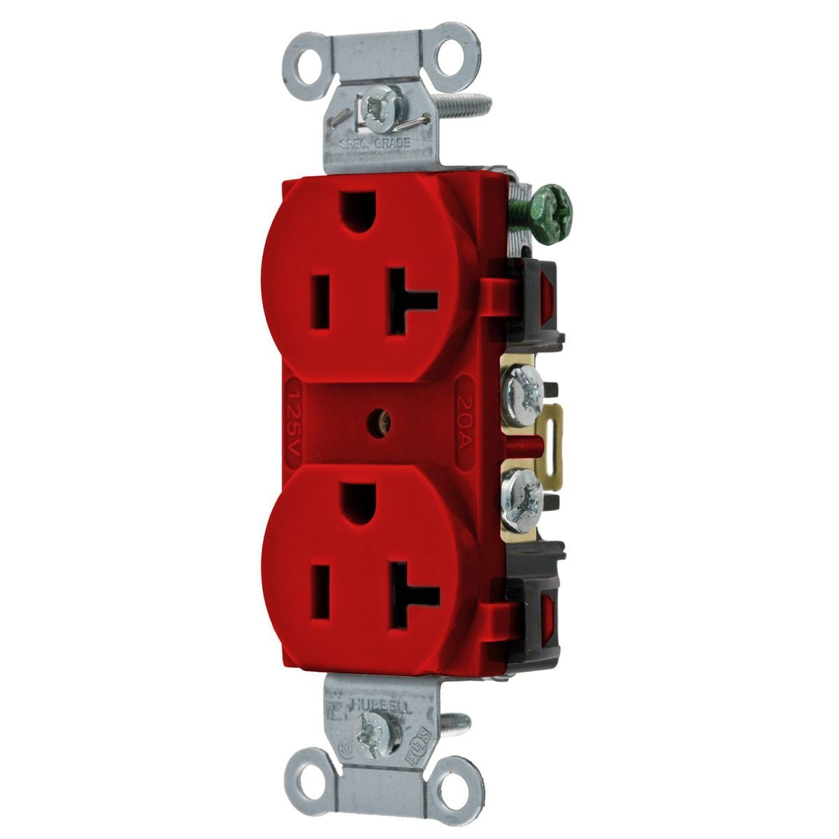 5352AR 1-Phase Duplex Heavy Duty Standard Screw Mount Straight Blade Receptacle, 125 V AC, 20 A, 2 Poles, 3 Wires, Red