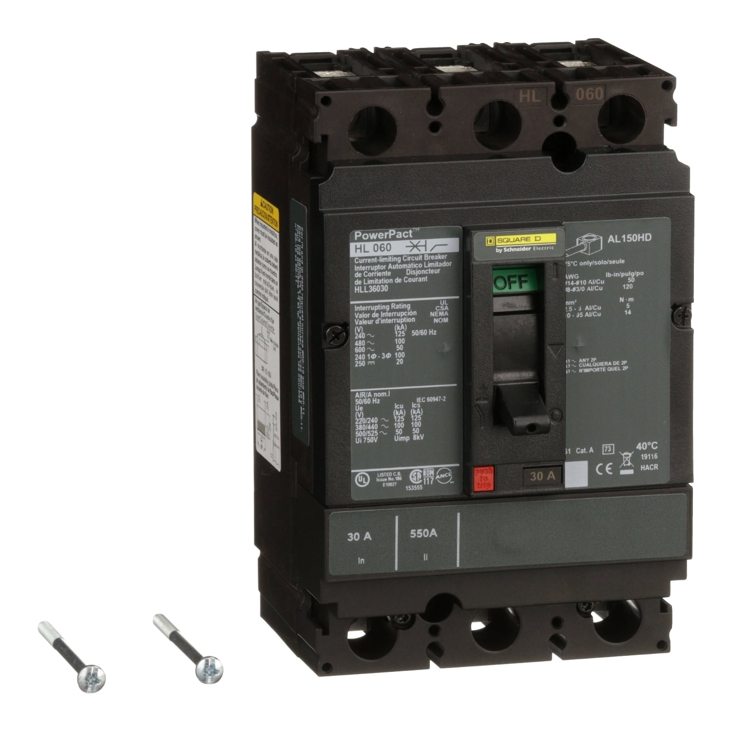 HLL36030 I-Line PowerPact Type HLL Molded Case Circuit Breaker, 600 V AC/250 to 500 V DC, 30 A, 125 kA at 240 VAC/100 kA at 480 VAC/50 kA at 600 VAC/20 kA at 250 VDC/50 kA at 500 VDC Interrupt, 3 Poles, Thermal Magnetic Trip