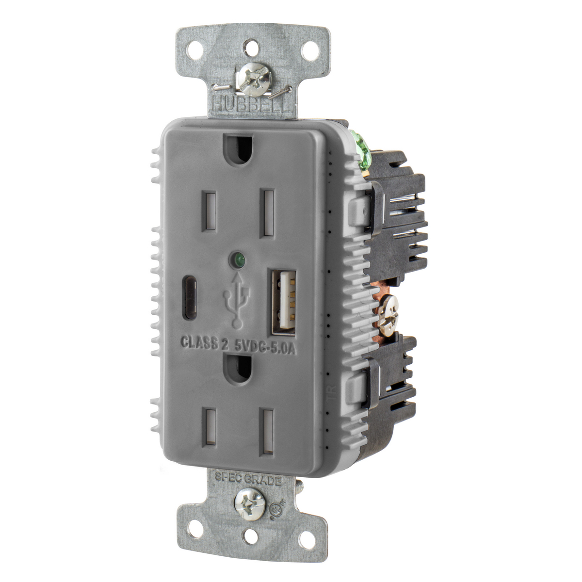 USB15AC5GY Duplex Grounding Heavy Duty Standard Tamper-Resistant USB Charger Receptacle With Green LED, 125 V AC, 15 A, 1875 W, 1 Phase, 2 Poles, 3 Wires, Gray