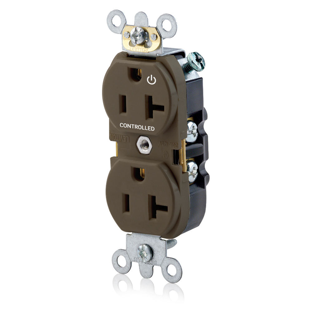 5362-S1 Duplex Heavy Duty Straight Blade Receptacle With 1 Plug Controlled Markings, 125 V AC, 20 A, 2 Poles, 3 Wires, Brown