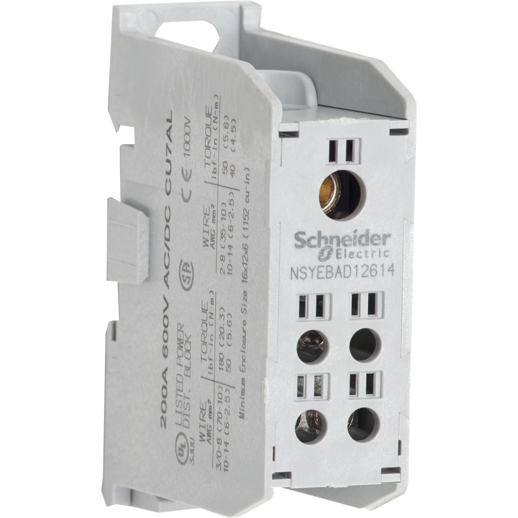 NSYEBAP12614 Linergy Enclosed Power Distribution Block With AL Lug, 600 V AC/DC, 200 A CU/155 A AL, 1 Poles, 14 to 3/0 AWG Line Side/14 to 2 AWG Load Side CU Wire, Thermoplastic