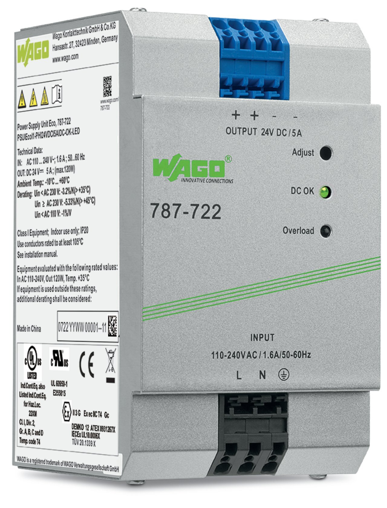 787-722 787 1-Phase Power Supply, 100 to 240 V AC Input, 24 VDC Output, 5 A, DIN Rail Mounting