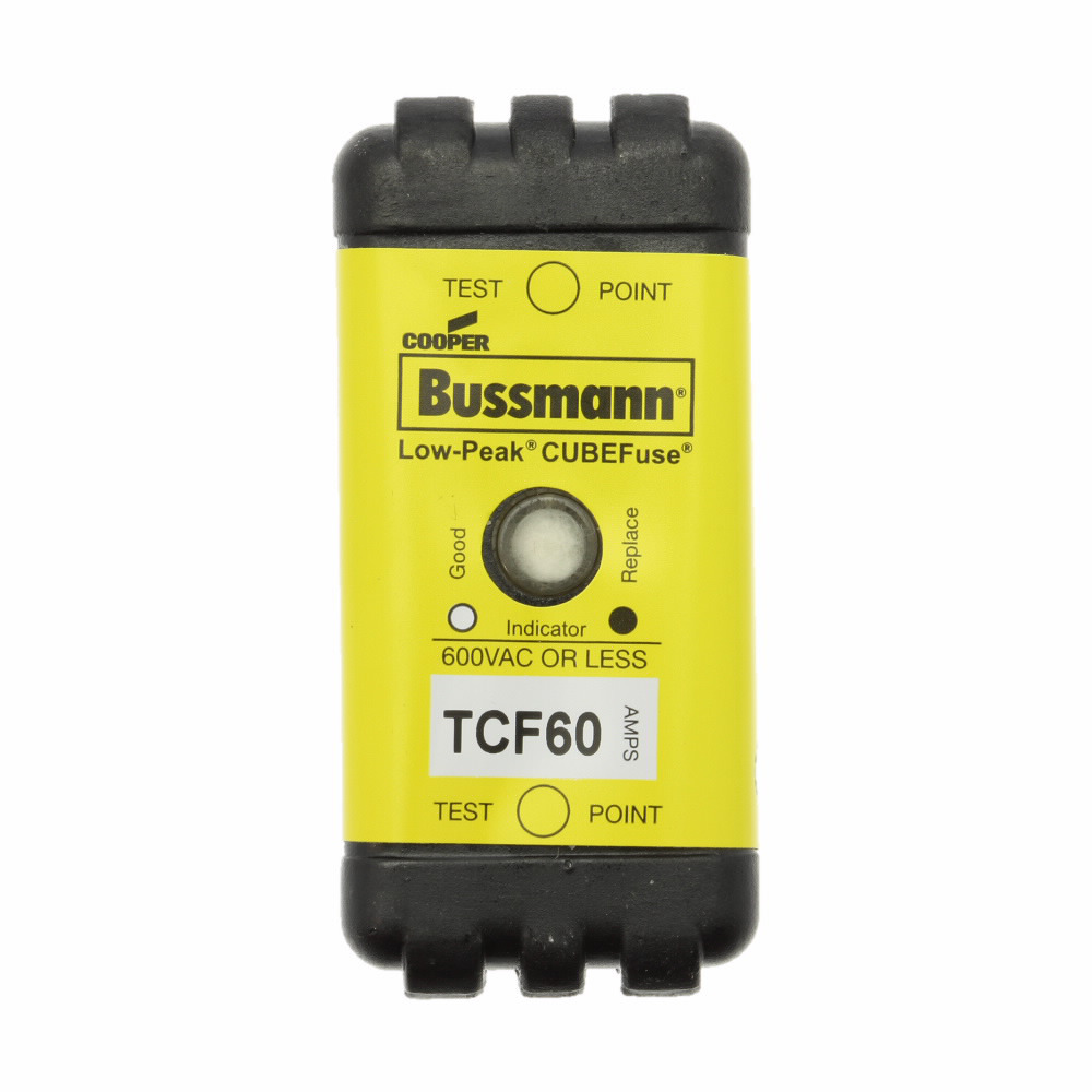 TCF60 CUBEFuse Low-Peak Finger Safe Indicating Time Delay Fuse, 60 A, 600 V AC/300 V DC, 100/300 kA Interrupt, Class: CF, Square Blade Body