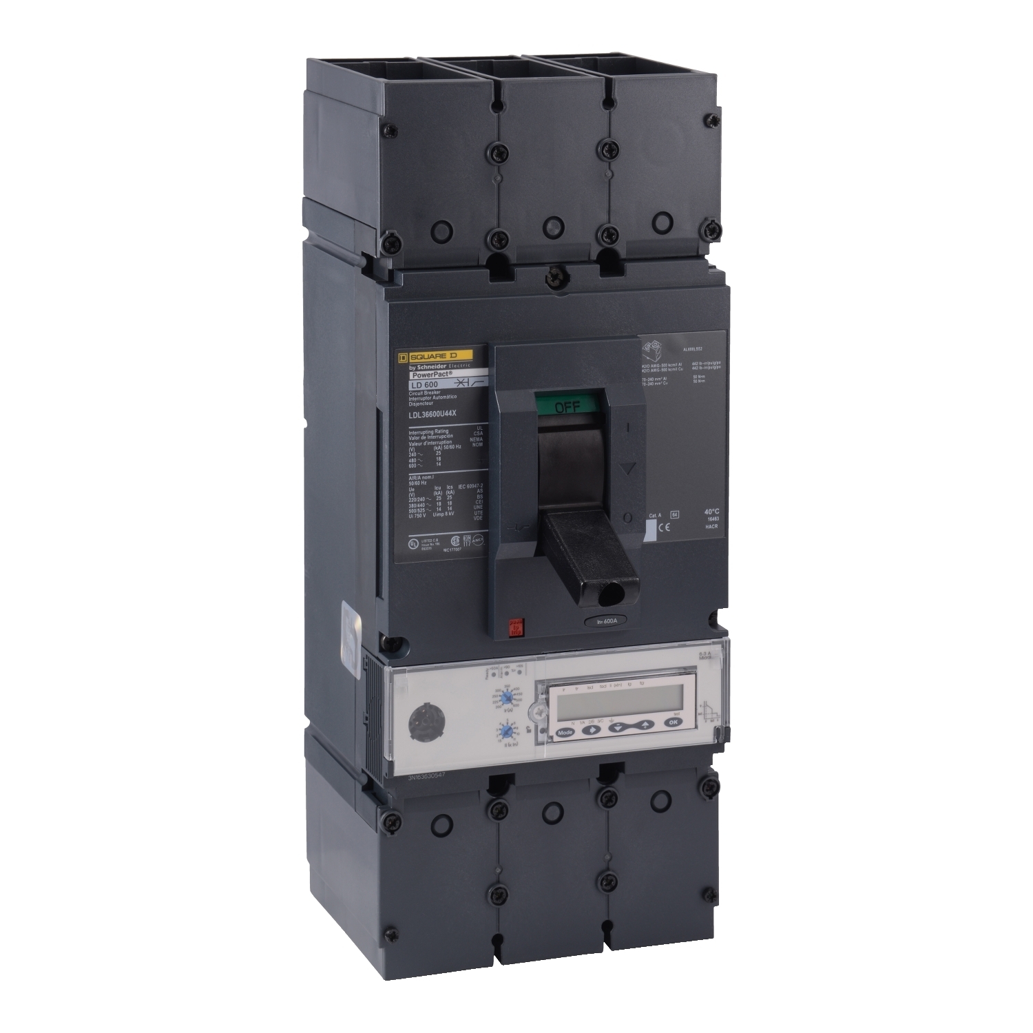 LDL36600U44X PowerPact Molded Case Circuit Breaker, 600 V AC, 600 A, 14 kA Interrupt, 3 Poles, Electronic Trip