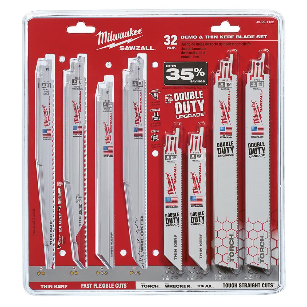 49-22-1132 Sawzall Straight/Tapered Back Reciprocating Saw Blade Set, 32 Pieces, 1 in W, For Use With Jig Saw, Bi-Metal, Bright