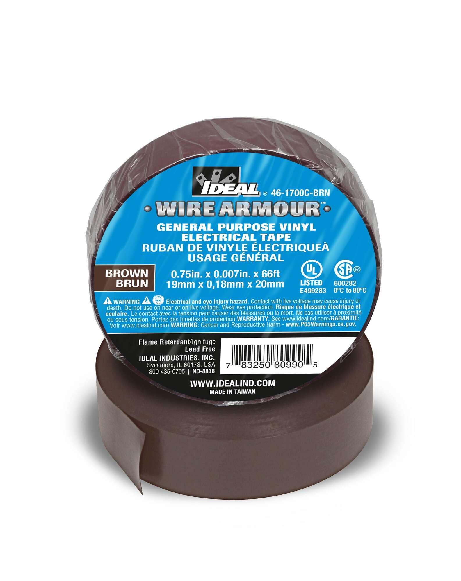 46-1700C-BRN Wire Armour Electrical Tape, 66 ft L x 3/4 in W, 7 mil THK, Vinyl, Rubber Adhesive, Brown