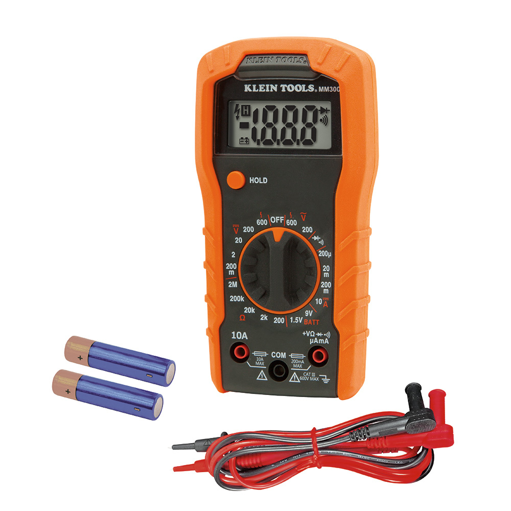 MM300 Manual-Ranging Digital Multimeter, 600 V AC/DC, 10 A, 2 mOhm, 2000 Count LCD Display