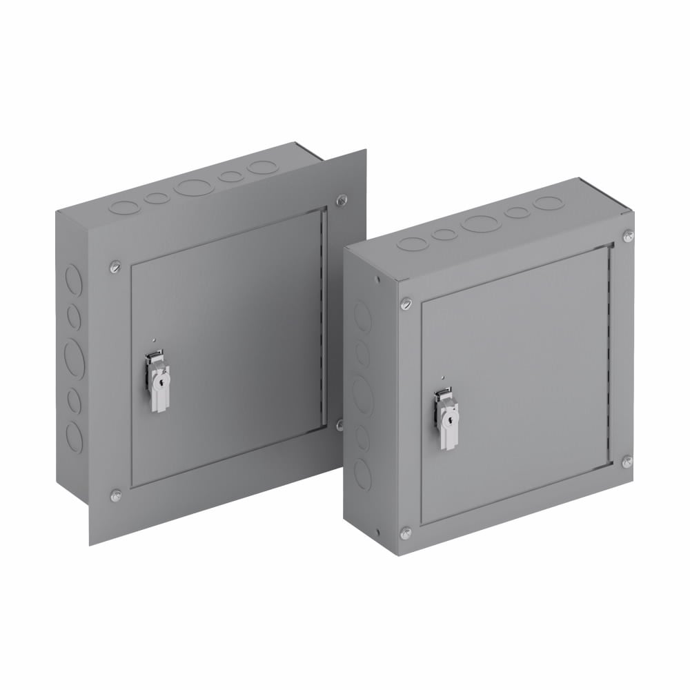 utility enclosures, 18" height, 6" length, 18" width, NEMA 1, Hinged cover, TCF cabinet, Flush mounted, Medium single door, Thru holes, Carbon steel