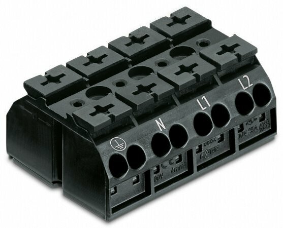 Feed-through/thru + neutral-through + ground/earthing chassis-mount terminal strip with 1-deck/level - with "PE-N-L1-L2" marking - Wago (862 series) - Black - 2 feed-through poles + neutral-through + protective-earth (2P+N+PE) / 16-wires (8 push-in + 8 push-in) (8+8) - for 0.5mm2...4mm2 / for #20AWG...#12AWG - Rated current 32A - with Push-in CAGE CLAMP spring connections - 3mm screw+nut mounting