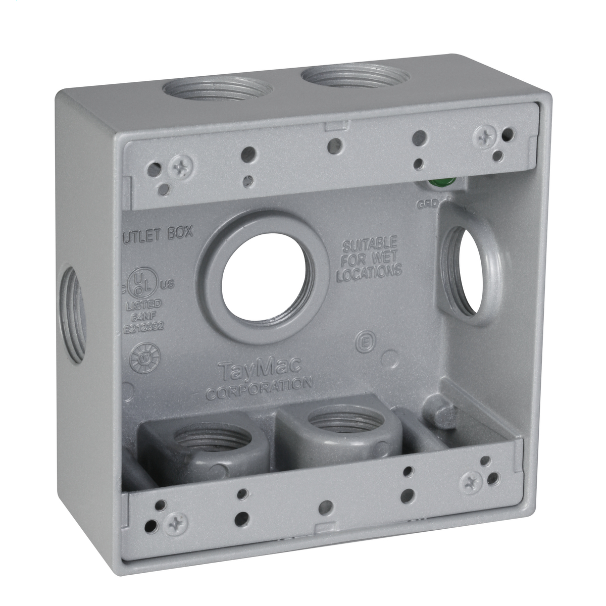 DB775XS Weatherproof Outlet Box With Side Lugs, Die Cast Metal, 2 Gangs, 7 Outlets, 4-1/2 in L x 4-1/2 in W x 2 in D