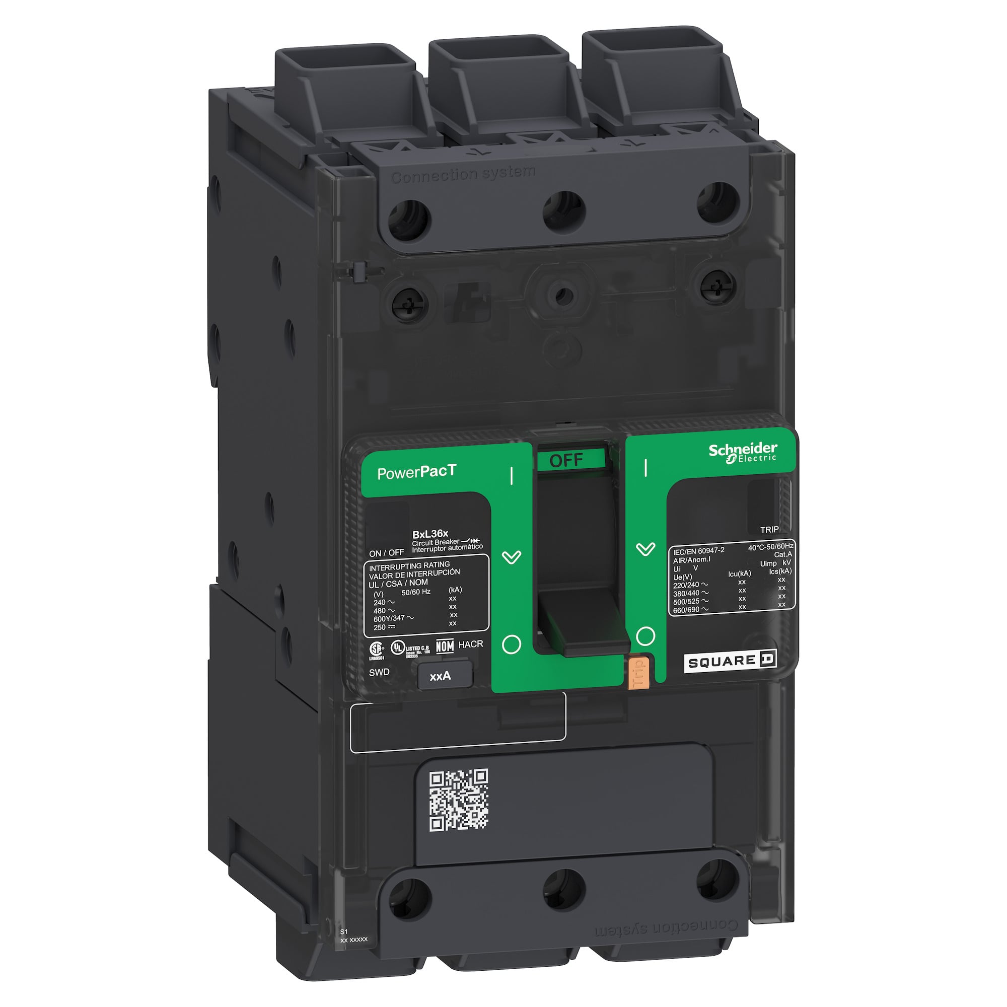 BJL36030LU PowerPact EverLink Molded Case Circuit Breaker, 600Y/347 V AC, 30 A, 100 kA at 240 V AC, 65 kA at 480 V AC, 25 kA at 600Y/347 V AC Interrupt, 3 Poles, Thermal Magnetic Trip