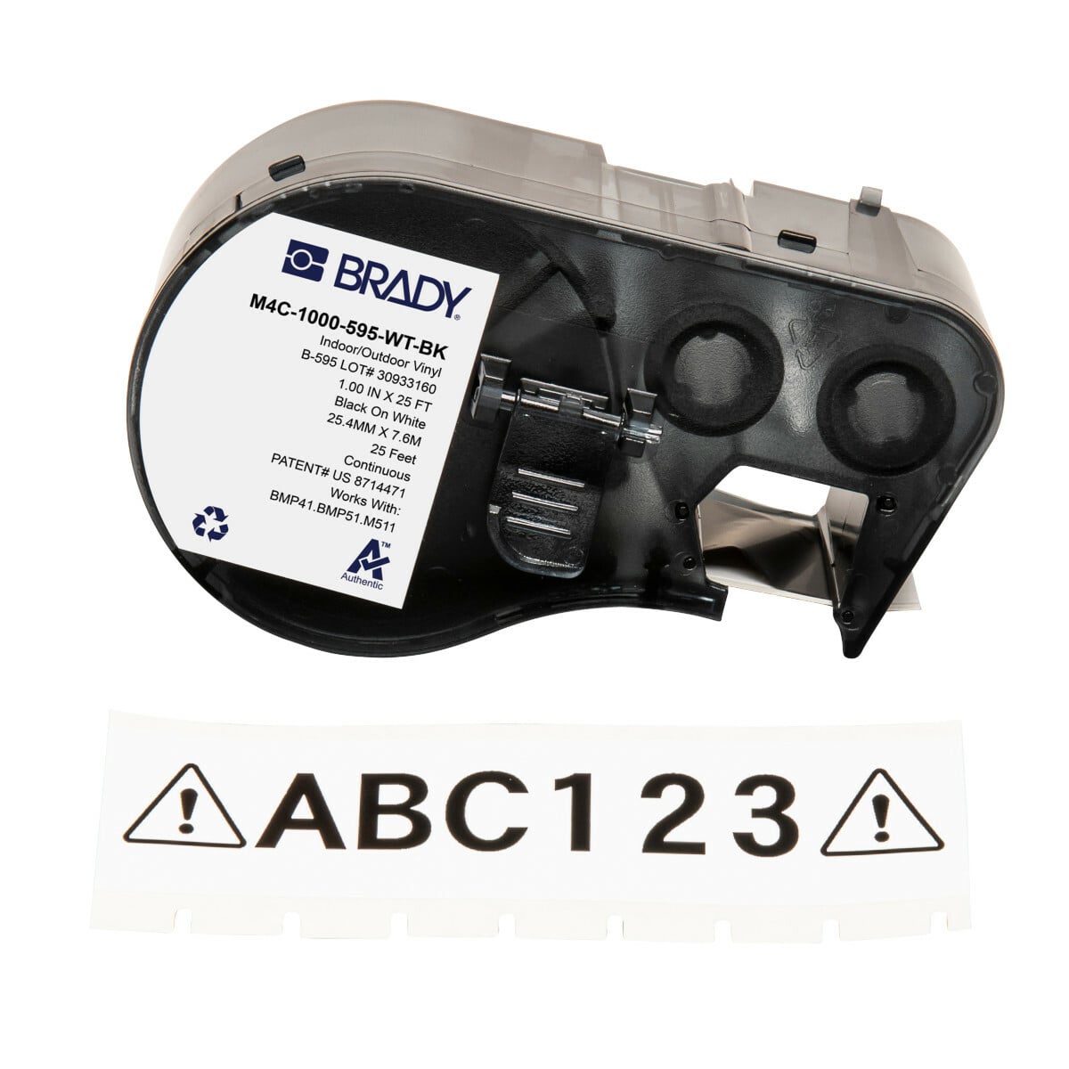 M4C-1000-595-WT-BK General Permanent Adhesive, 25 ft L x 1 in W, Black on White, B-595 Vinyl