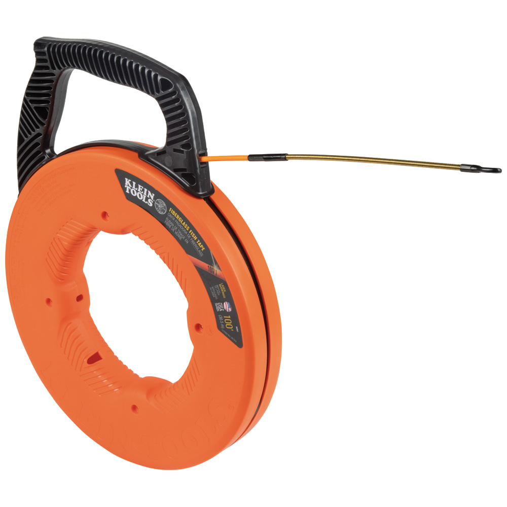 56351 Fish Tape With Spiral Steel Leader, 0.182 in W Tape, 100 ft L Tape, S-Glass Fiberglass Tape, Black/Orange