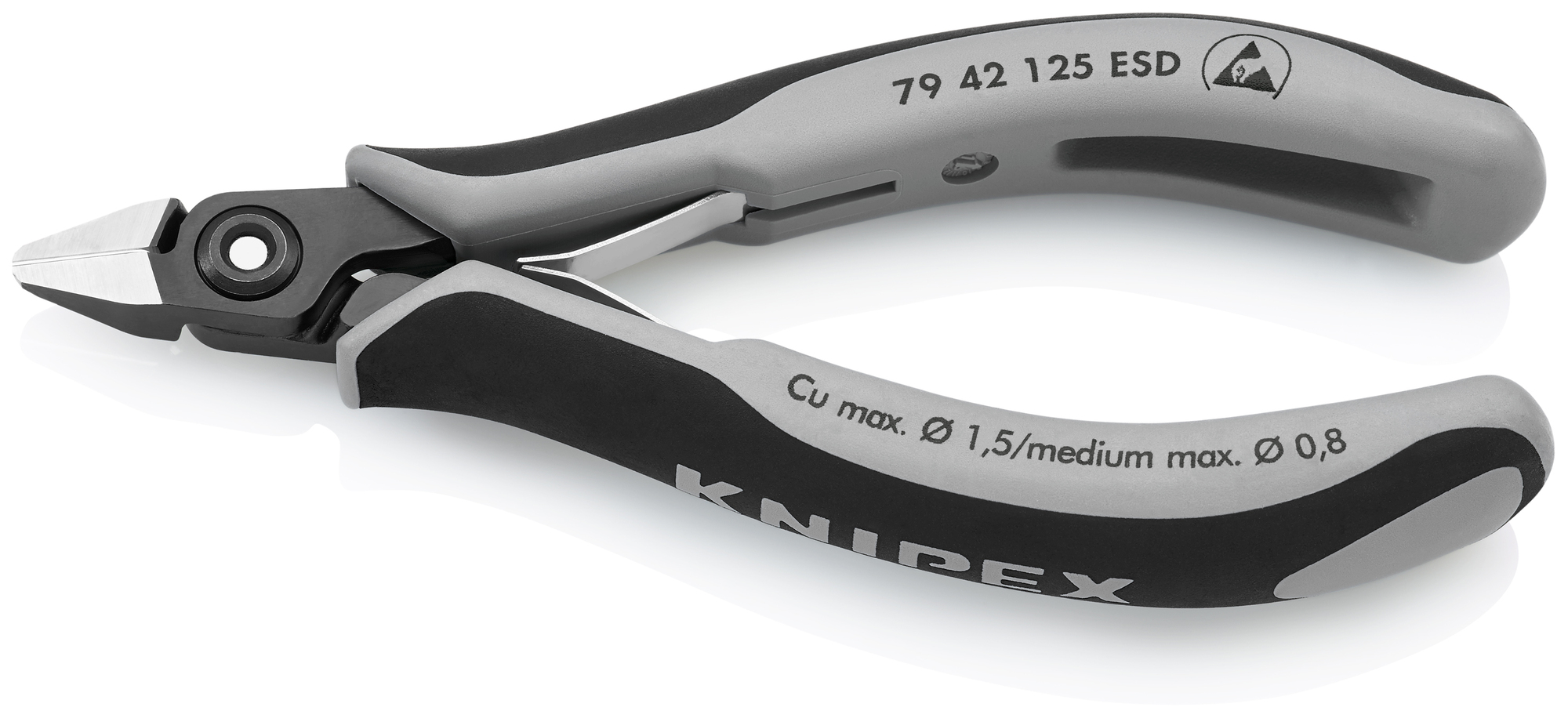 Electronics Diagonal Cutters-ESD Handles, 5 in., Multi-Component, Polished, Flush Cut, Tapered Head, Up to 1/32 in. Medium Wire