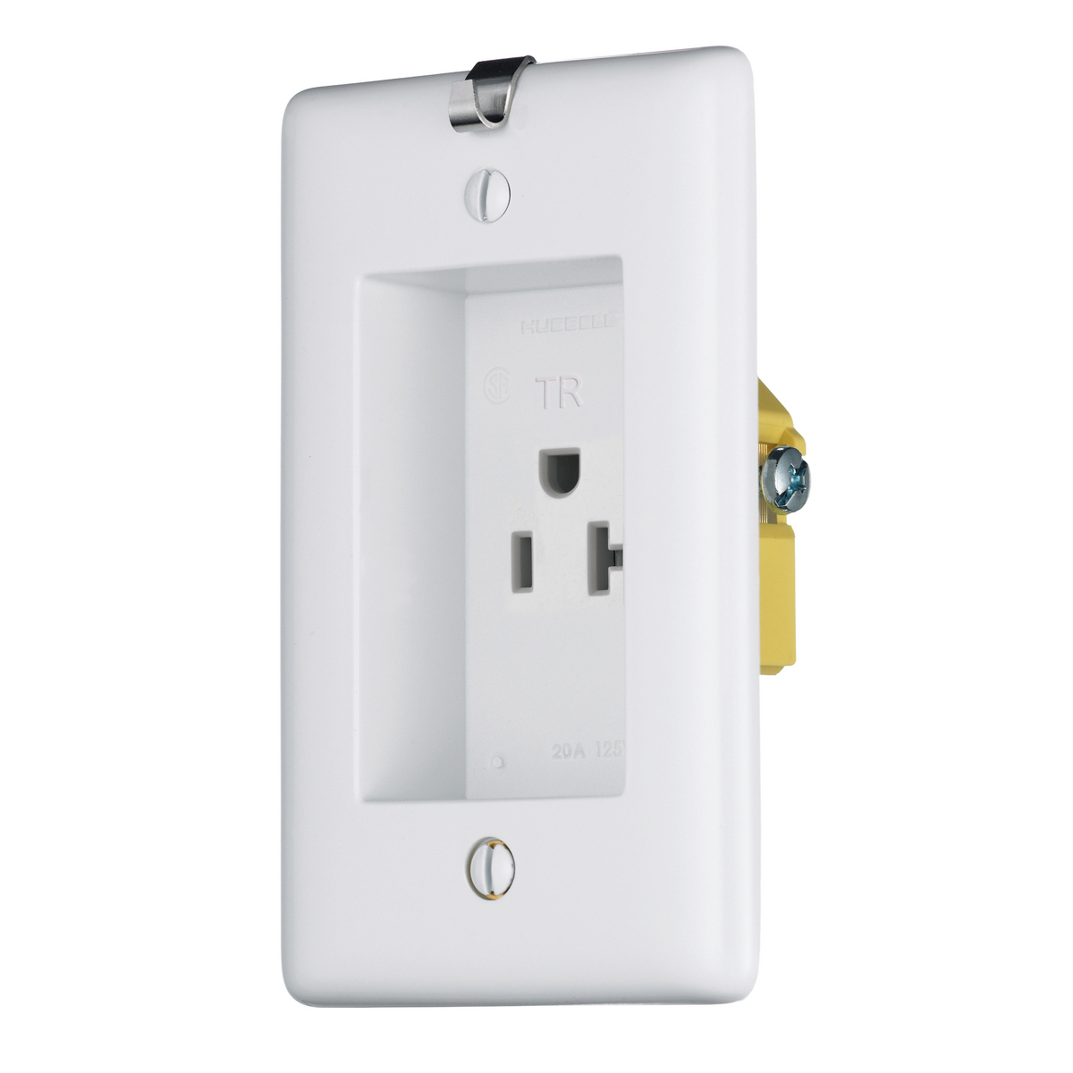 RR201CHWTR 1-Phase Single Standard Tamper Resistant Screw Mount Clock Hanger Recessed Receptacle, 125 VAC, 20 A, 2 Poles, 3 Wires, White