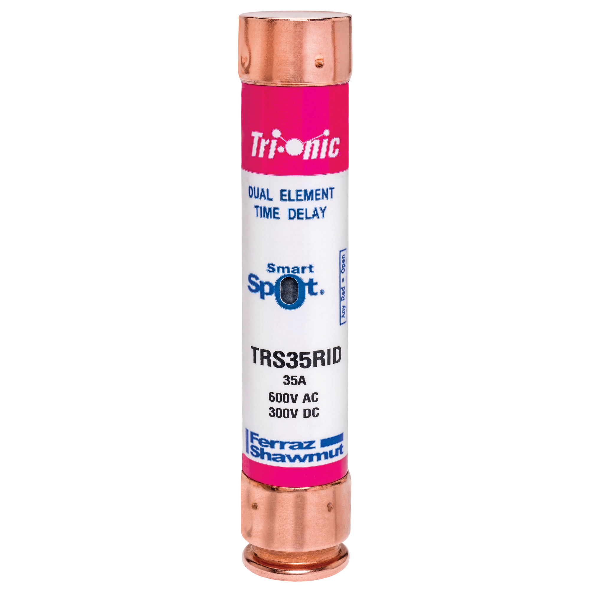 TRS35RID Tri-Onic Current Limiting Low Voltage Time Delay Fuse, 35 A, 600 V AC/300 V DC, 200/20 kA Interrupt, RK5 Class, Cylindrical Body