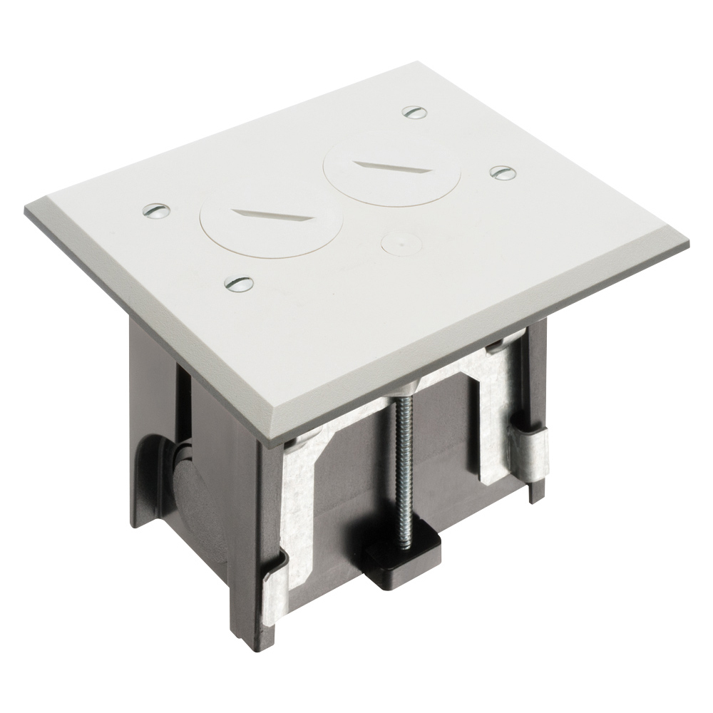 FLBA101W Adjustable Floor Box With (2) Threaded Plugs, Plastic, 18.3 cu-in Capacity, 1 Gangs, 5.155 in L x 4.25 in W x 4.031 in H