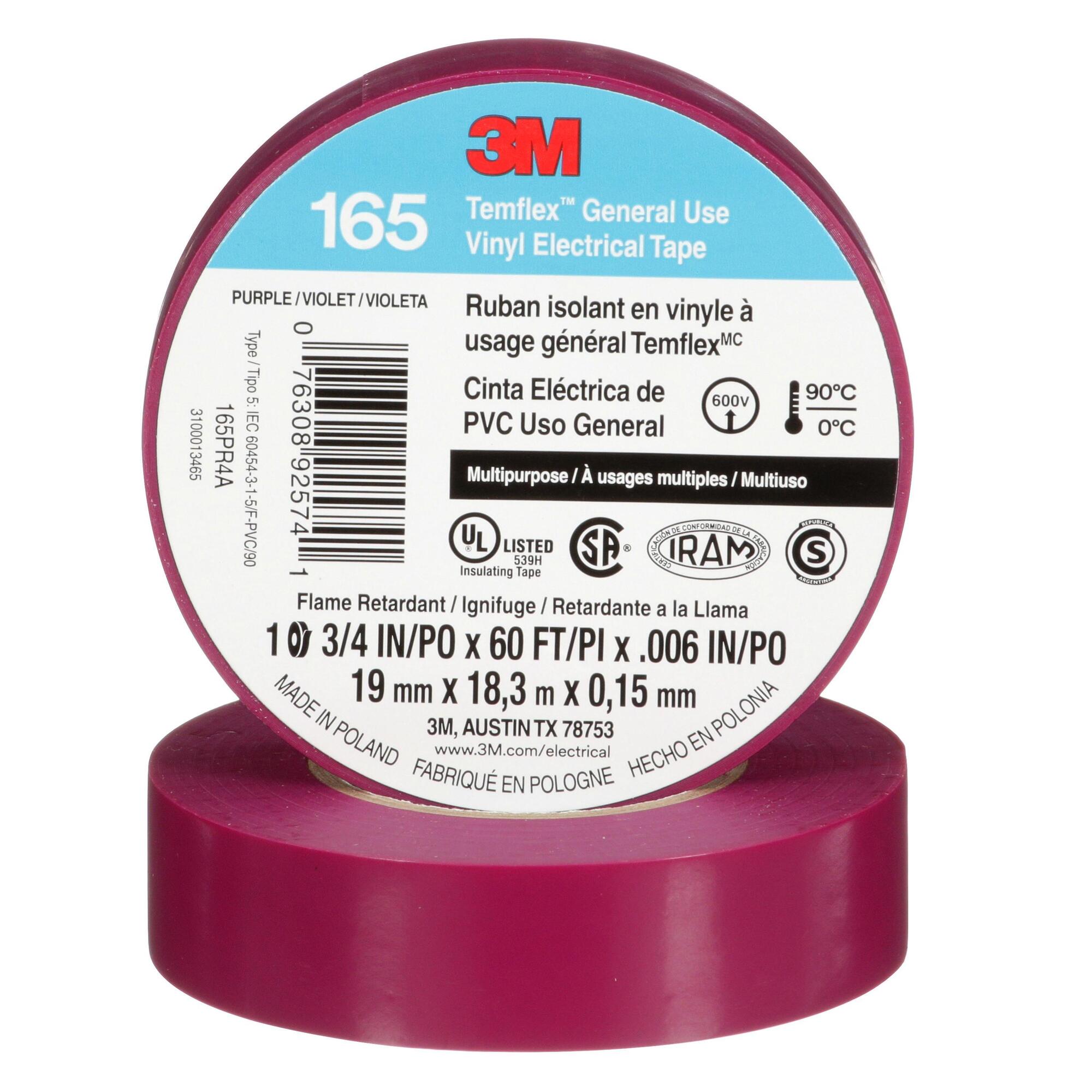7100169434 Temflex 165PR4A Electrical Tape, 20 yd L 0.75 in W, 0.6 in THK, Vinyl, Rubber Adhesive, PVC Backing, Purple