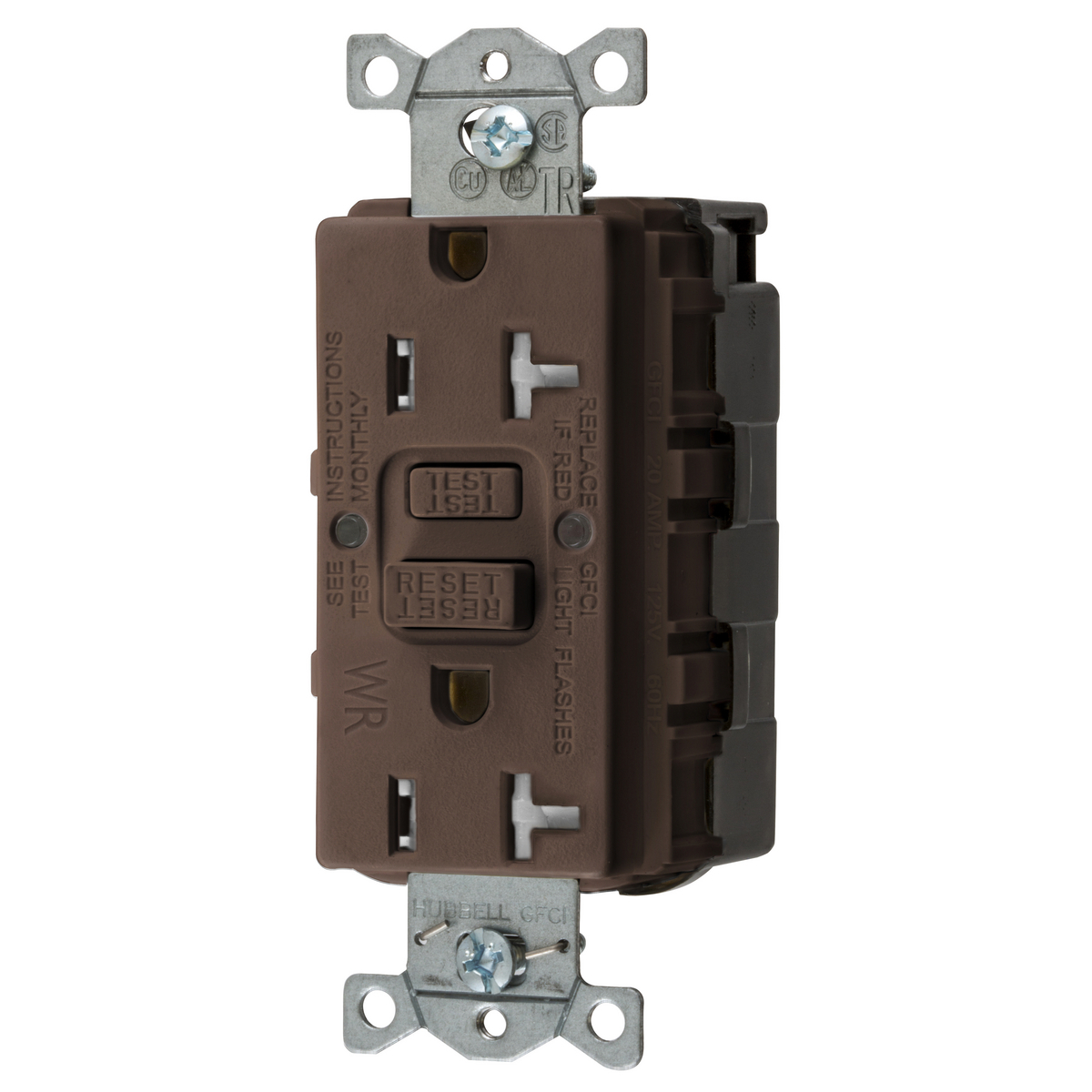 GFTWRST20SNAP 1-Phase Decorator Duplex Heavy Duty Self-Test Tamper/Weather Resistant GFCI Receptacle, 125 VAC, 20 A, 2 Poles, 3 Wires, Brown