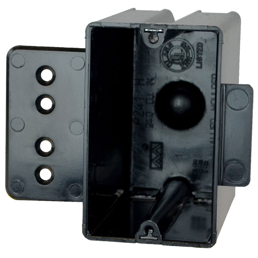 FlexBox; 1-Gang Switch/Outlet Box; Molded-in side mount hanger bracket, 3-9/16 Inch Depth, Thermoplastic, 24 Cubic-Inch, Black