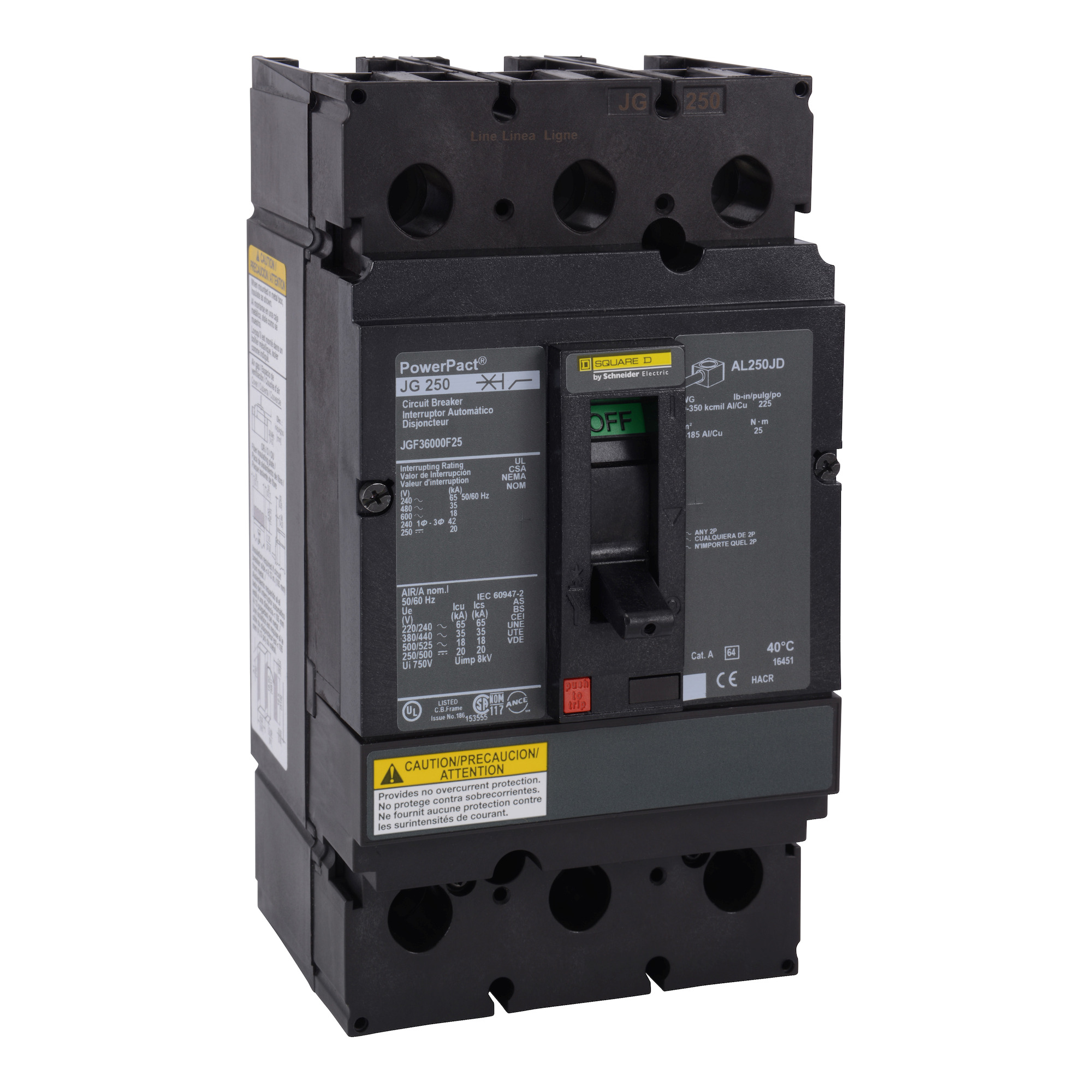 JGF36000F25 PowerPact Type JGF Molded Case Switch Fram, 600 V AC/250 V DC, 250 A, 65 kA at 240 VAC/35 kA at 480 VAC/18 kA at 600 VAC/20 kA at 250 VDC Interrupt, 3 Poles, Thermal Magnetic Trip