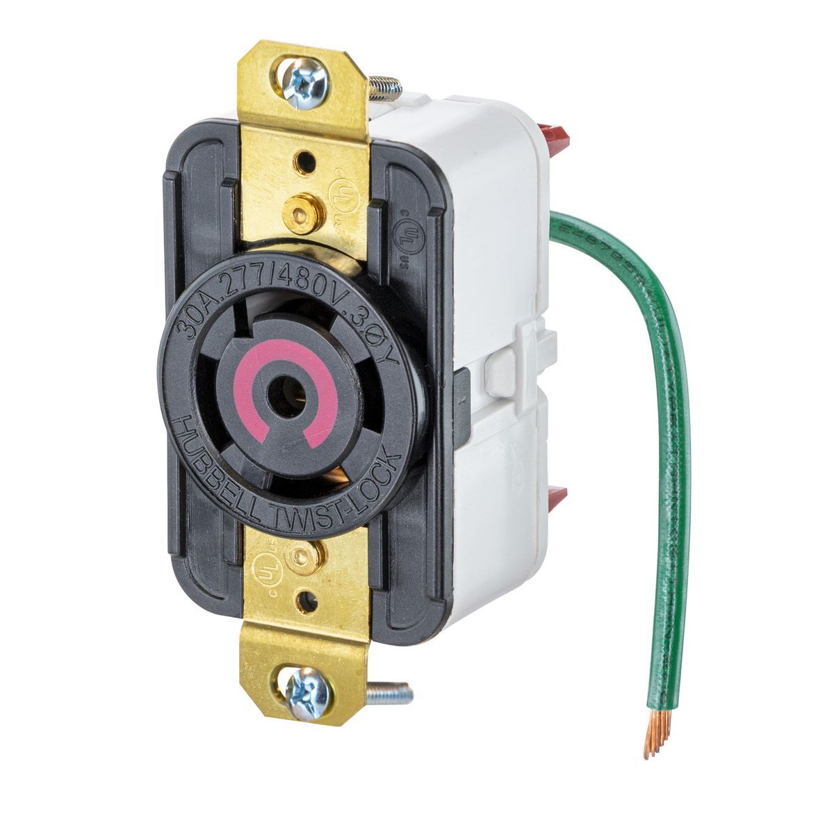 HBL2820ST 3-Phase Single Flush Locking Receptacle With Spring Termination, 277/480 V AC, 30 A, 4 Poles, 5 Wires, Black