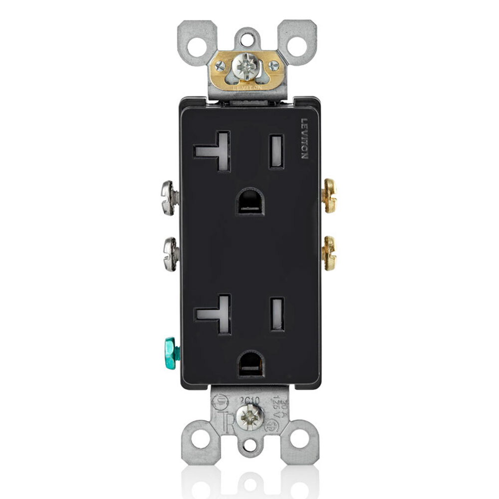 T5825-E Duplex Self-Grounding Tamper-Resistant Ultrasonically Welded Straight Blade Receptacle, 125 V AC, 20 A, 2 Poles, 3 Wires, Black
