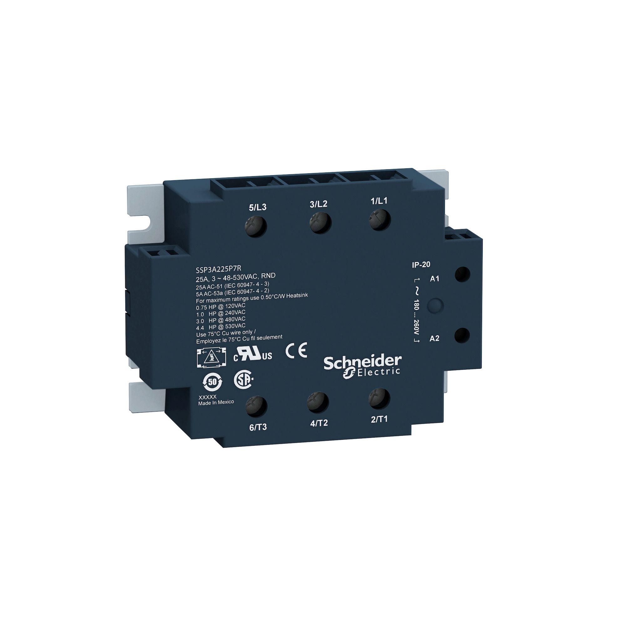 SSP3A250F7 Zelio 3-Phase Zero Voltage Switching Solid State Relay, 50 A, 3NO 3 Form A Contact, 90 to 140 V AC V Coil