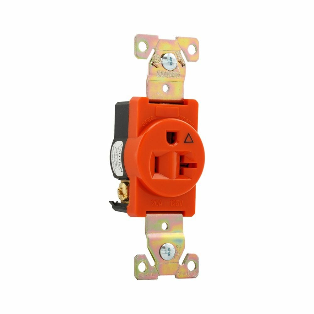 Eaton Arrow Hart extra heavy-duty industrial specification grade single receptacle,#14-10 AWG,20A,Industrial,Flush,125V,Back and side,Orange,Brass,High-impact nylon face,Glass-filled nylon base,5-20R,Single,Screw,Nylon,Core pack