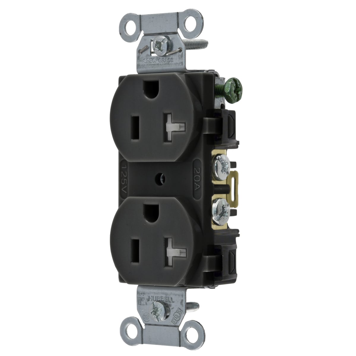 BR20BLKTR 1-Phase Duplex Standard Tamper-Resistant Traditional Screw Mount Straight Blade Receptacle, 125 V AC, 20 A, 2 Poles, 3 Wires, Black