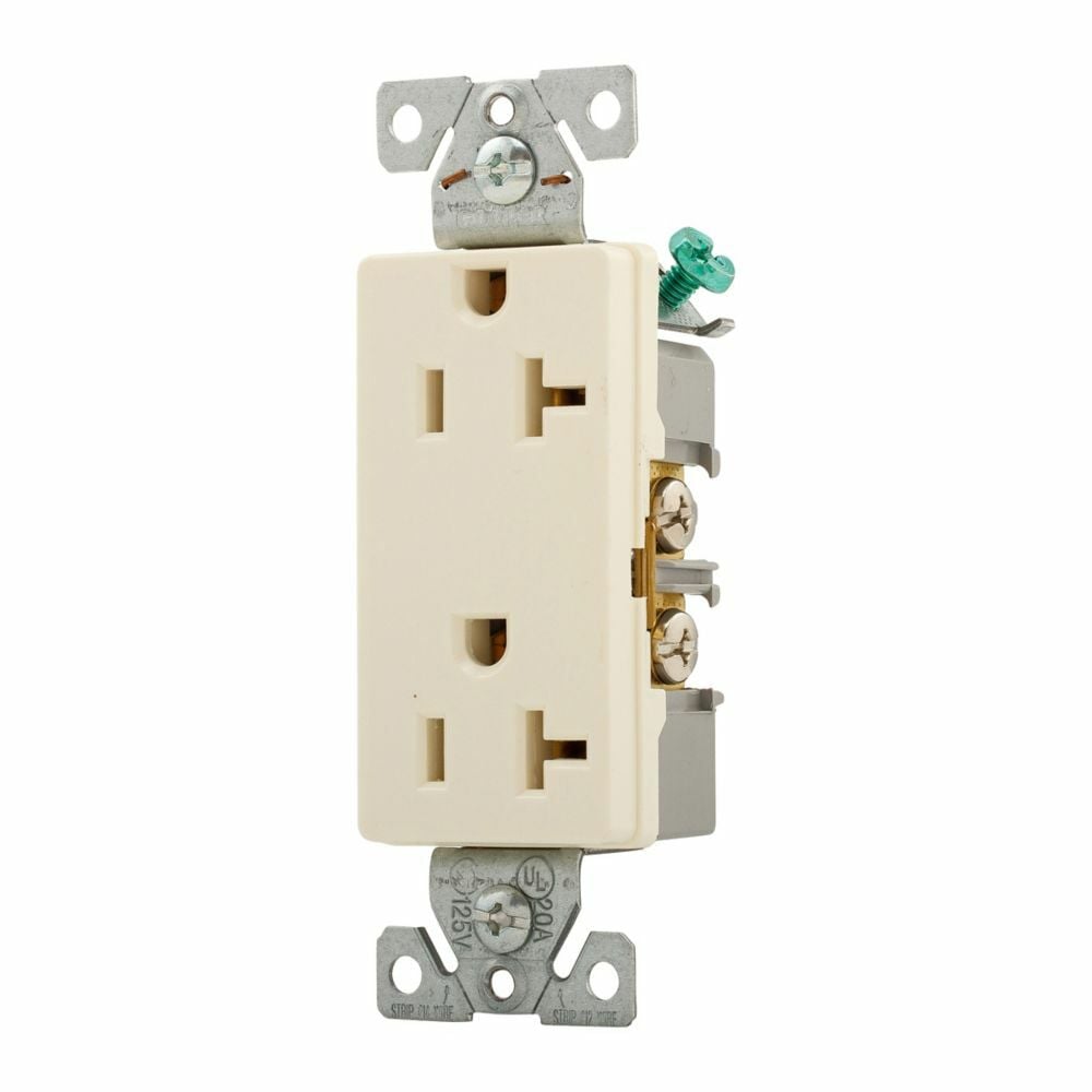 Eaton heavy-duty industrial specification grade decorator duplex receptacle, #14-10 AWG, 20A, Commercial, Flush, 125V, Back and side, Almond, Brass, Nylon, 5-20R, Duplex, Screw, PVC, Bulk