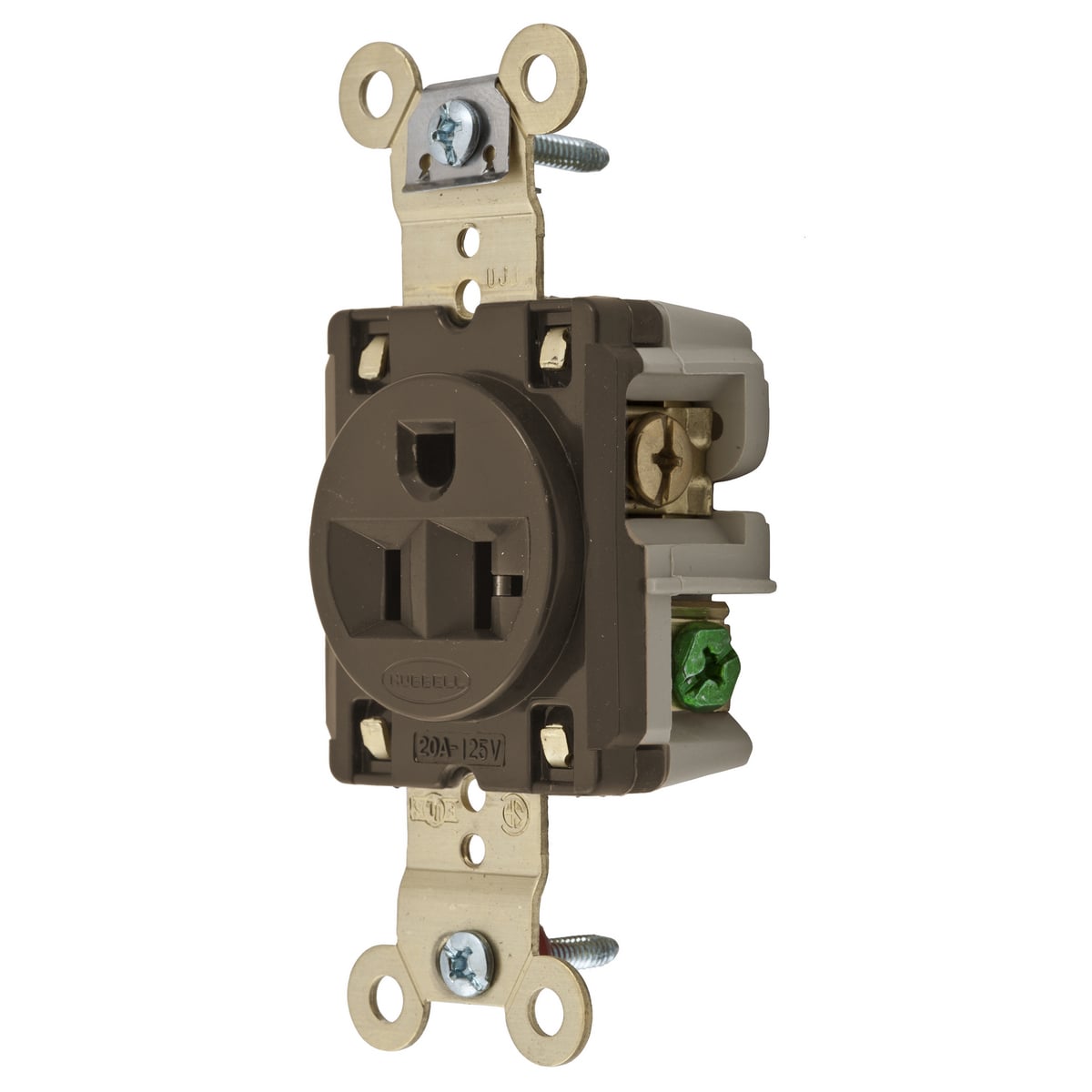 HBL5361RT 1-Phase Extra Heavy Duty Standard Screw Mount Straight Blade Receptacle, 125 V AC, 20 A, 2 Poles, 3 Wires, Brown