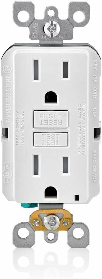 GFTR1-3W Decora Feed Through Self-Test Slim Tamper Resistant GFCI Receptacle With White Test, Reset Button, 120 V AC, 15 A, 2 Poles, 3 Wires, White