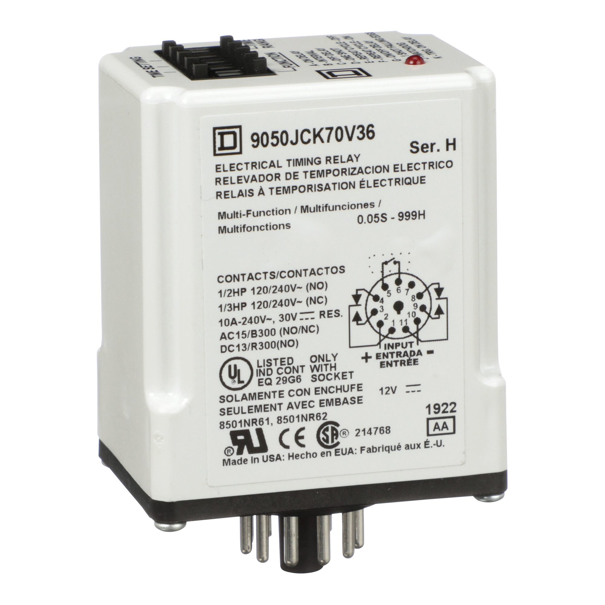 9050JCK70V36 Type JCK Timer Relay, 1 to 999 min Setting, 240 V AC, 11 Pin, 2NO-2NC 2 Form C DPDT Contact