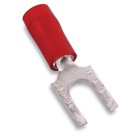 Nylon Insulated Fork Terminal with Flanged Tongue, Length .93 Inches, Width .38 Inches, Maximum Insulation .136, Bolt Hole #10, Wire Range #22-#16 AWG, Color Red, Copper, Tin Plated