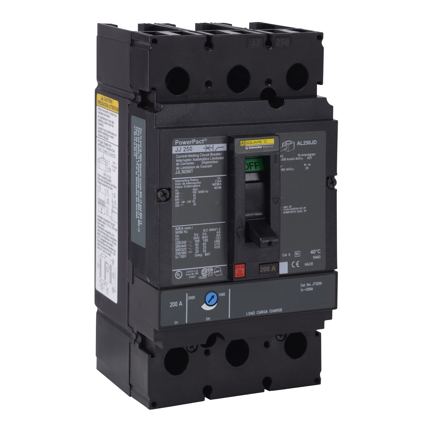 JJL36250T PowerPact Type JJL Molded Case Circuit Breaker, 600 VAC, 250 VDC, 250 A, 20/25/65/100 kA Interrupt, 3 Poles, Thermal Magnetic Trip