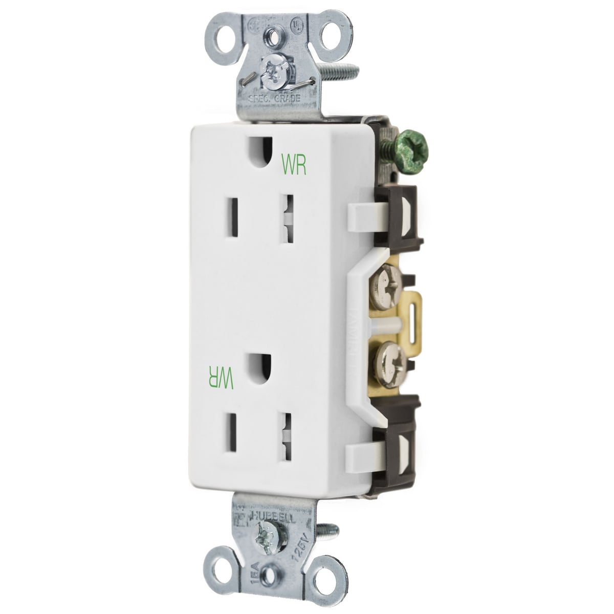 DR15WHIWRTR 1-Phase Decorator Duplex Standard Tamper/Weather-Resistant Screw Mount Straight Blade Receptacle, 125 V AC, 15 A, 2 Poles, 3 Wires, White