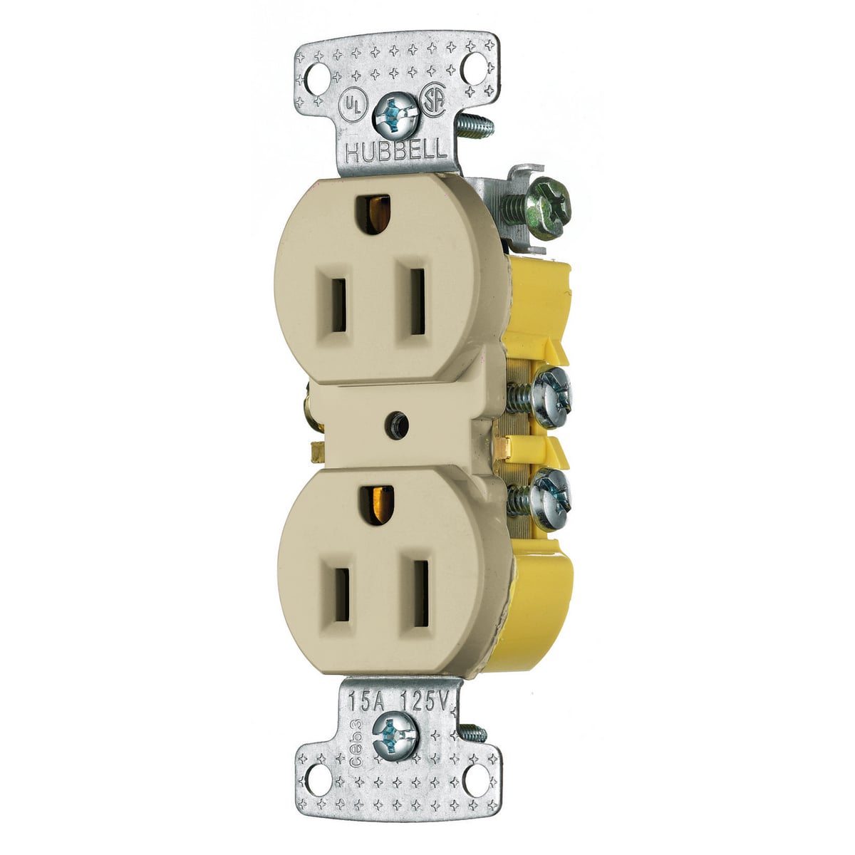 RR15I 1-Phase Duplex Self-Grounding Standard Traditional Screw Mount Straight Blade Receptacle, 125 V AC, 15 A, 2 Poles, 3 Wires, Ivory