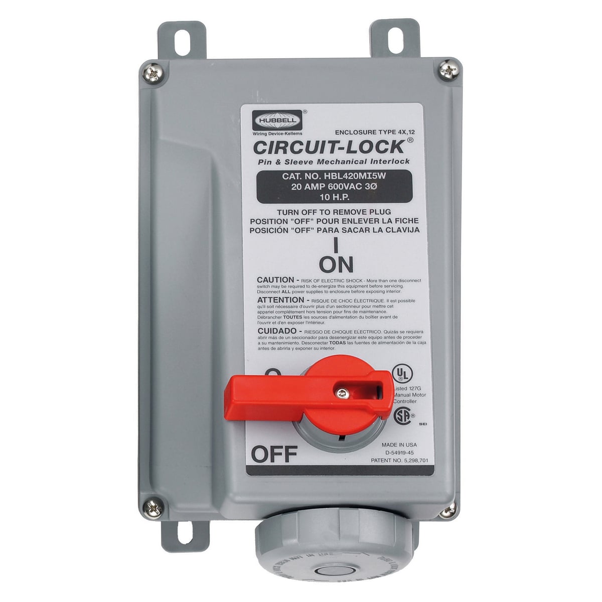 HBL420MI5W 3-Phase Female Grounding Non-NEMA Standard UnFusible Watertight Pressure Screw Terminal Pin and Sleeve Mechanical Interlock, 600 V AC, 20 A, 3 Poles, 4 Wires