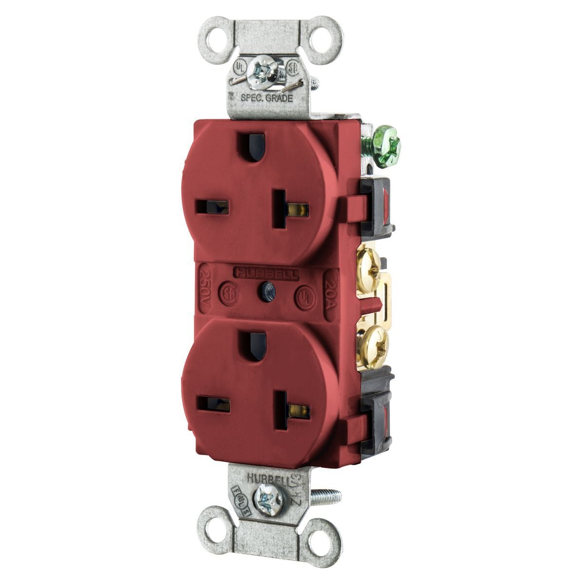 5462R Duplex Grounding Liquidtight Non-Metallic Heavy Duty Standard Watertight Screw Mount Straight Blade Receptacle, 250 VAC, 20 A, 2 Poles, 3 Wires, Red