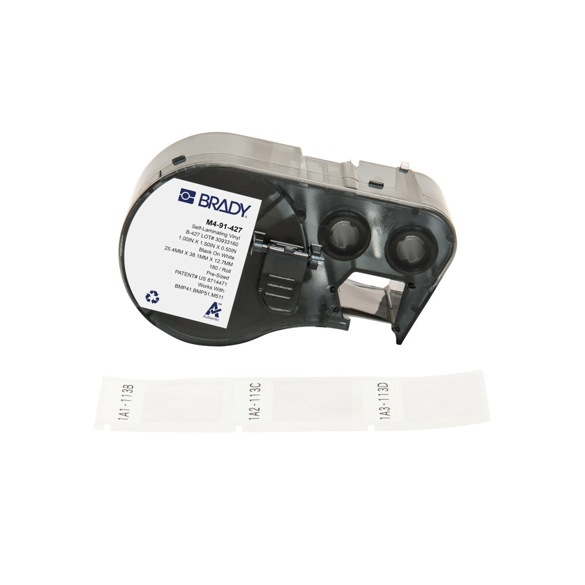 M4-91-427 Self-Laminating Wire and Component Label, 1 in W, Black on White/Clear, B-427 Vinyl