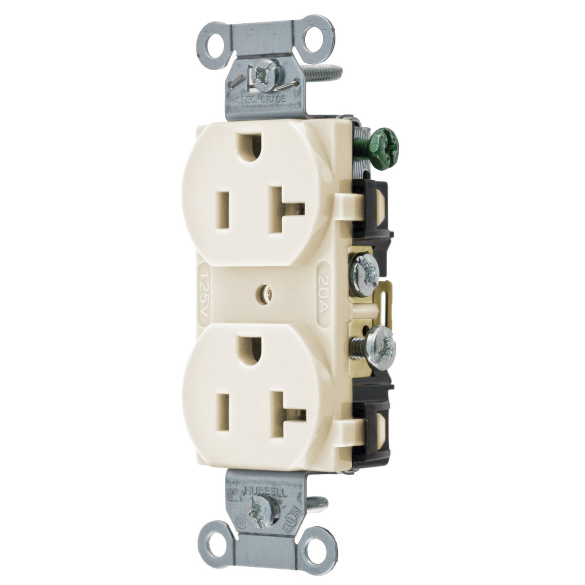 CR20LA 1-Phase Duplex Standard Traditional Screw Mount Straight Blade Receptacle, 125 V AC, 20 A, 2 Poles, 3 Wires, Light Almond