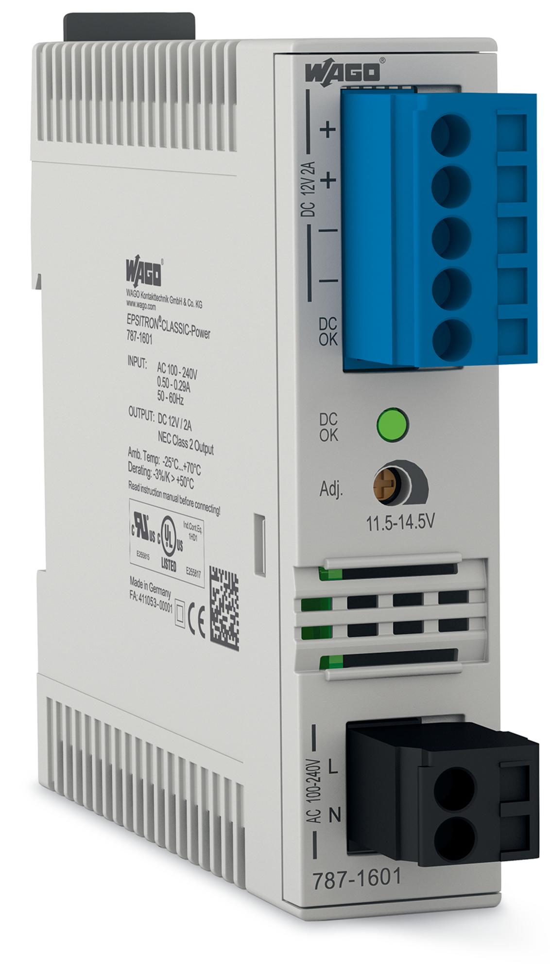 787-1601 787 1-Phase Power Supply, 100 to 240 V AC Input, 12 VDC Output, 2 A, DIN Rail Mounting