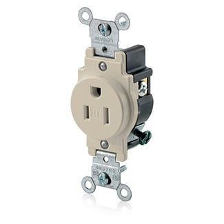 T5015-I 1-Phase Self-Grounding Single Tamper Resistant Straight Blade Receptacle, 125 V AC, 15 A, 2 Poles, 3 Wires, Ivory