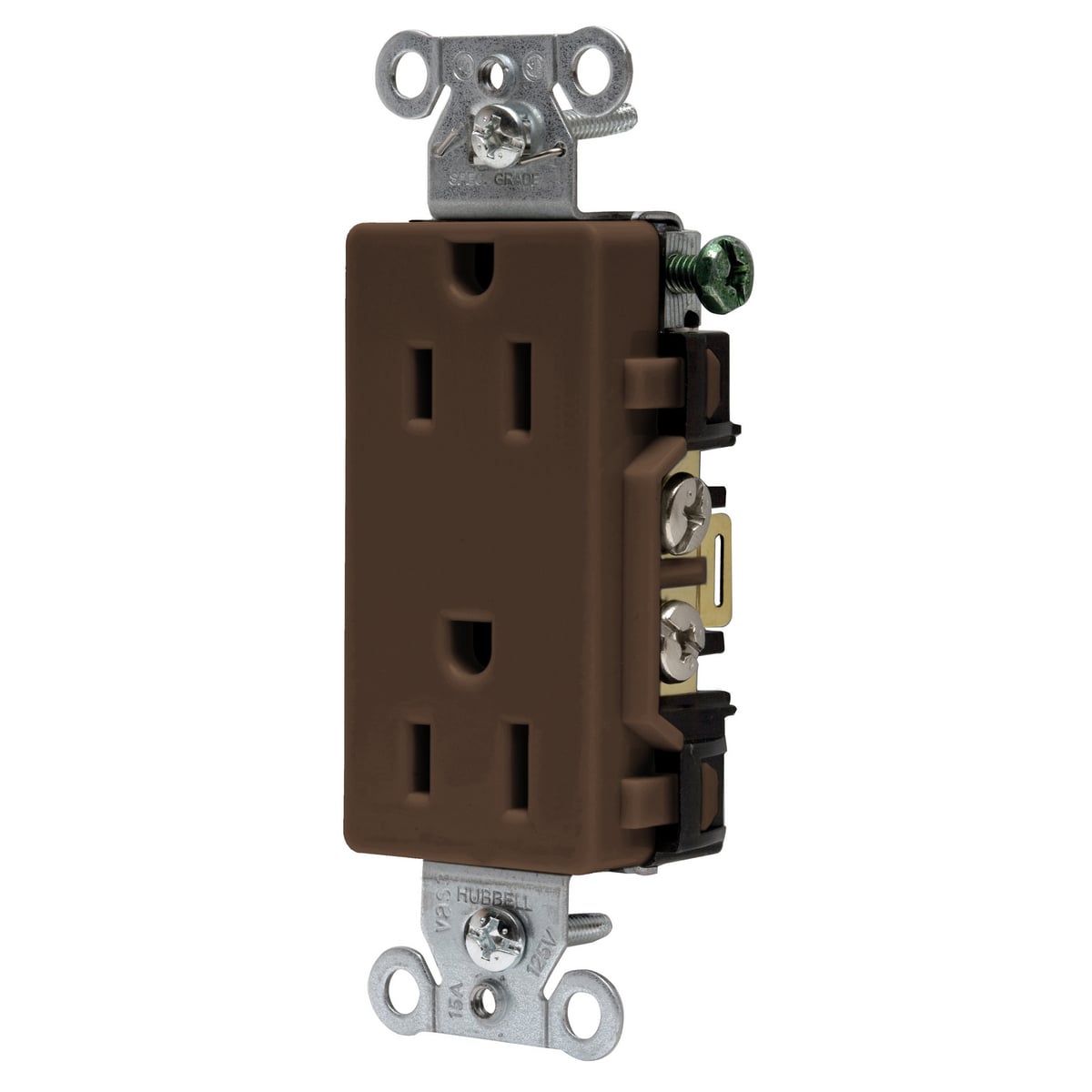 DR15 1-Phase Decorator Duplex Standard Screw Mount Straight Blade Receptacle, 125 VAC, 15 A, 2 Poles, 3 Wires, Brown
