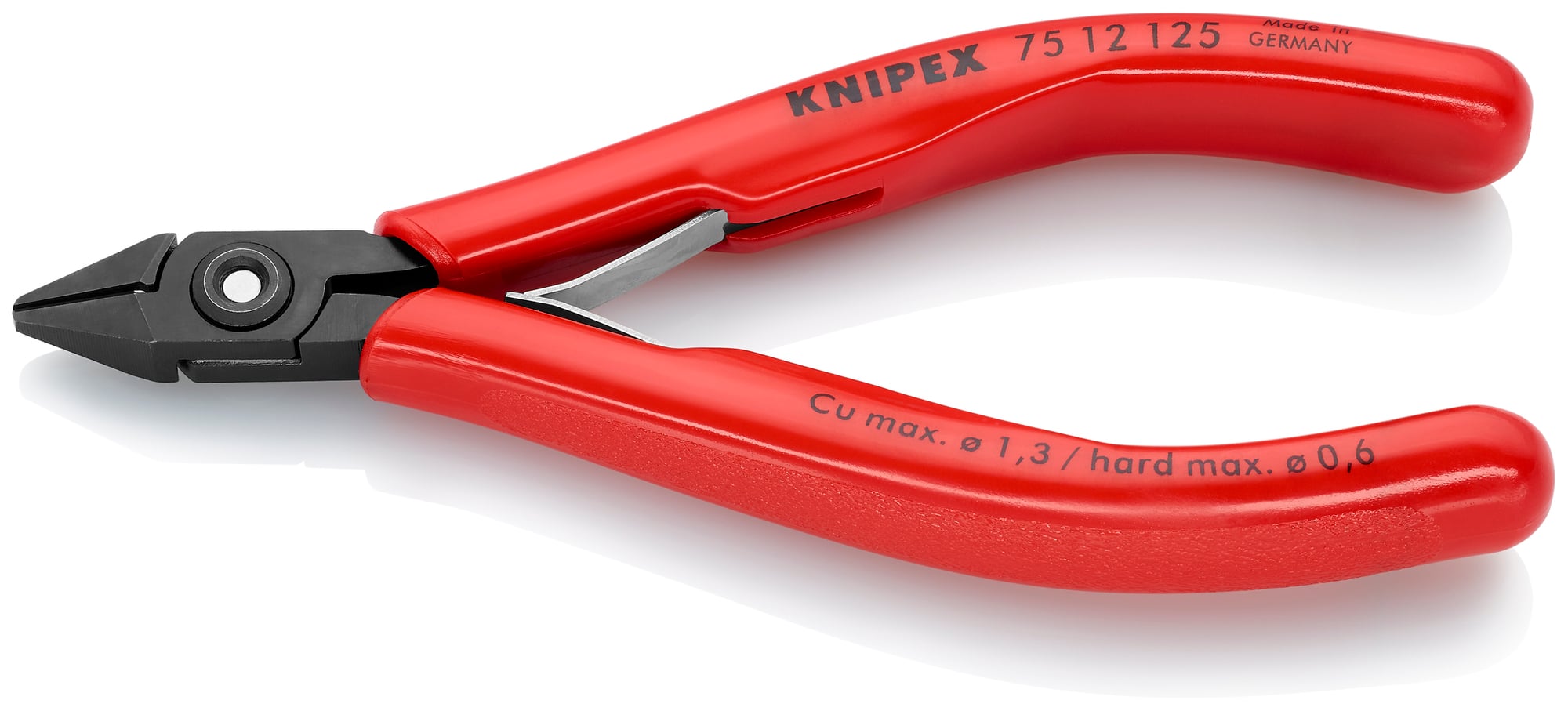 Electronics Diagonal Cutters, 5 in., Plastic, Black-oxide, Semi-flush with Bevel Cut, Tapered Head, Up to 1/64 in. Piano Wire, Lead Catcher