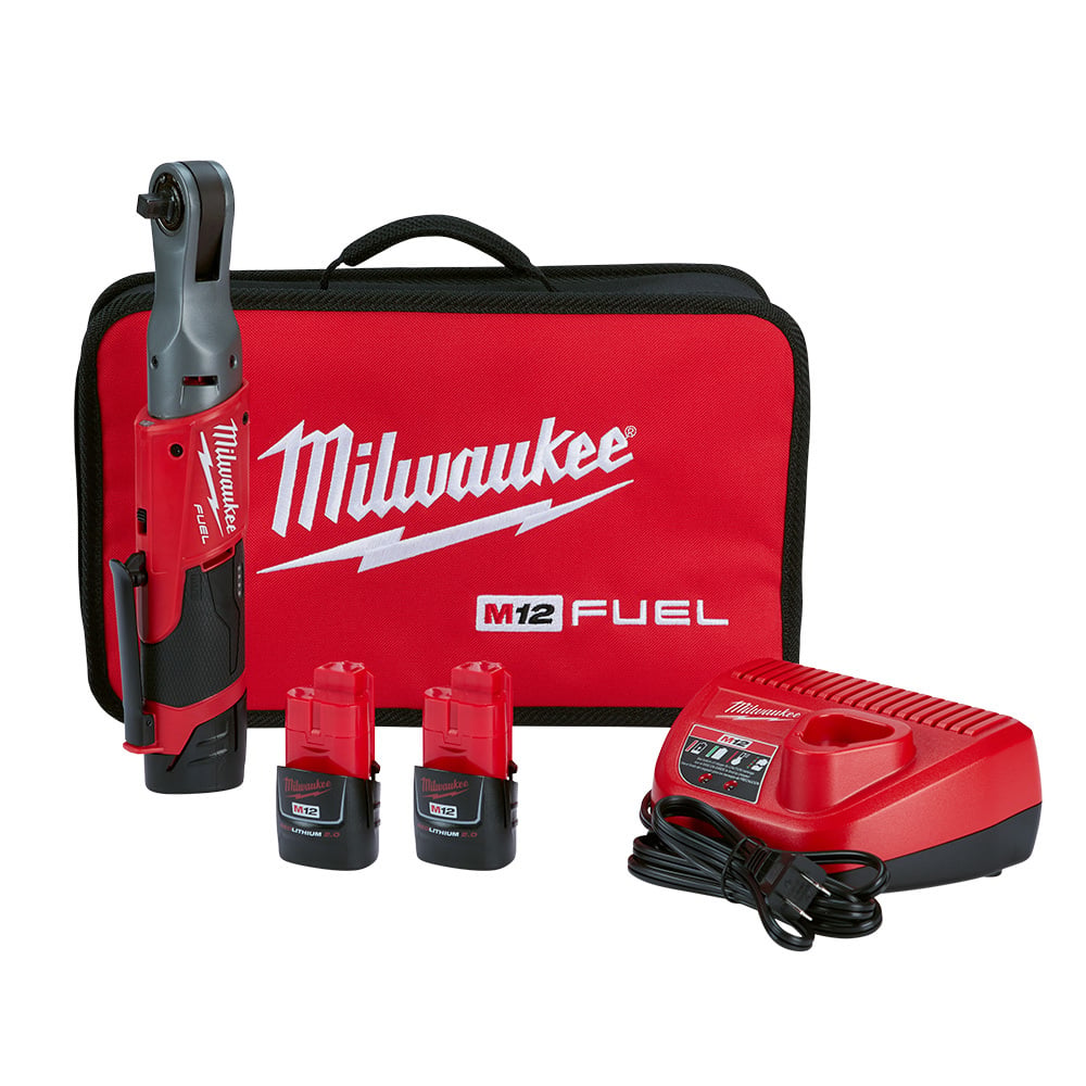 2557-22 M12 FUEL Ratchet 2 Battery Kit, 3/8 in Drive, 55 ft-lb Torque, 200 rpm Speed, 12 V DC, Li-Ion Battery, 10.87 in OAL