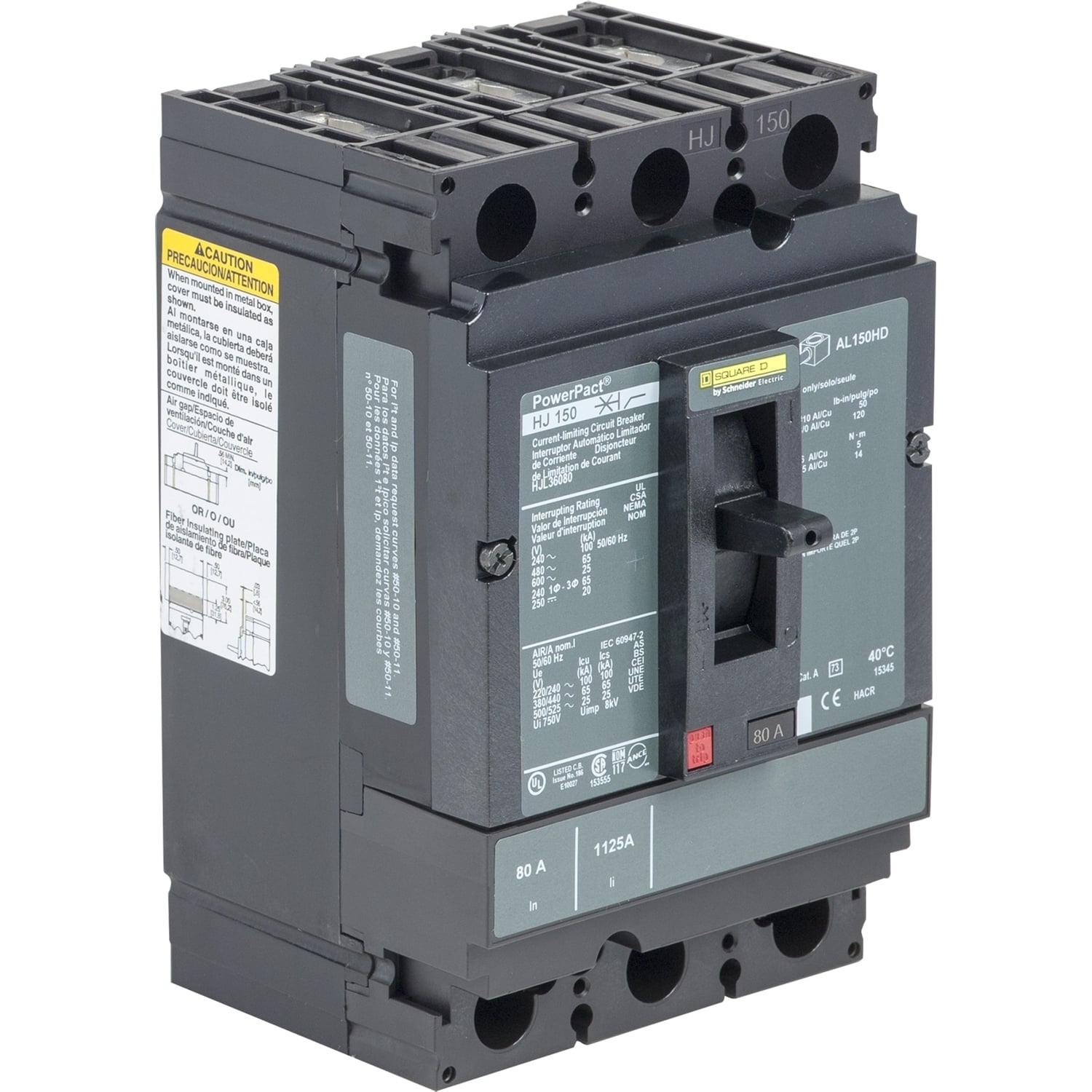 HJL36080C PowerPact Molded Case Circuit Breaker, 600 V AC, 80 A, 25 kA Interrupt, 3 Poles, Thermal Magnetic Trip