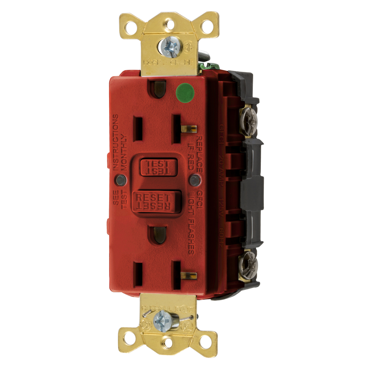 GFRST83R 1-Phase Decorator Duplex Self-Test Standard Straight Blade Screw Mount GFCI Receptacle, 125 VAC, 20 A, 2 Poles, 3 Wires, Red