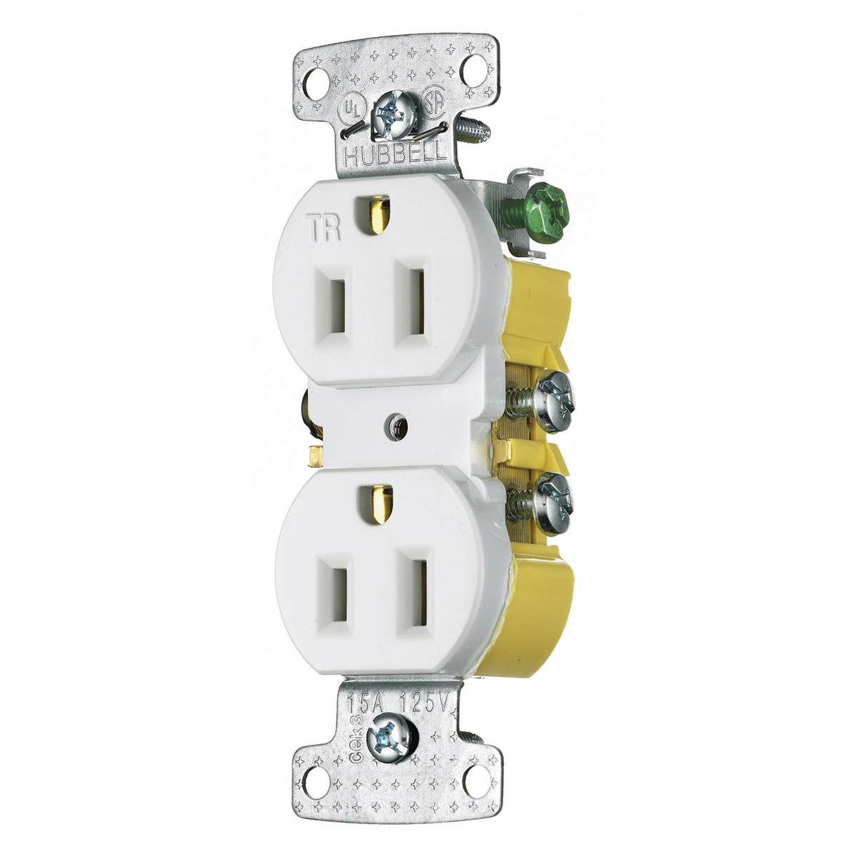 RR15SWTR 1-Phase Duplex Self-Grounding Standard Tamper-Resistant Traditional Screw Mount Straight Blade Receptacle, 125 V AC, 15 A, 2 Poles, 3 Wires, White